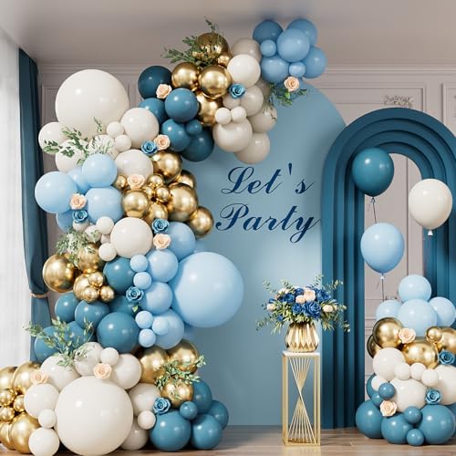 Dusty Blue Balloon Arch Garland Kit, 134PCS Ivory White, Slate Fog, Baby Blue and Gold Balloons for Baby Shower, Gender Reveal, Birthday Backdrop, Wedding, Bridal Shower Party Decor by Haolongfa