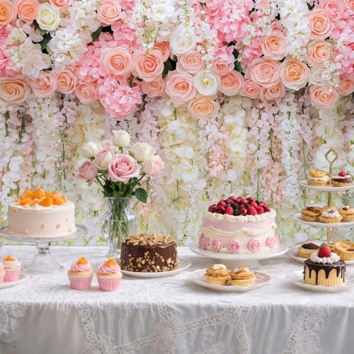 5x4ft Pink Rose Flower Wedding Photography Backdrop Spring Floral Photography Backdrop Valentine's Day Mother's Day Girl Birthday Baby Shower Wedding Bridal Party Banner Photo Booth Props Background - Image 2