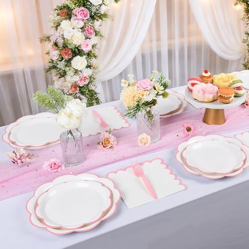 96 Pcs Pink and White Paper Plates and Napkins Set Serve for 24 Guests - Image 5