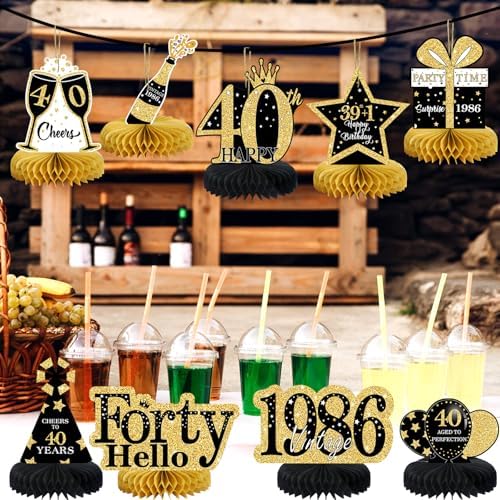 9 Pcs 40th Birthday Decorations Honeycomb Centerpieces for Women Men, Black Gold 1986 Aged to Perfection Vintage Centerpieces for Tables Toppers,Forty Years Party Decorations Supplies - Image 5