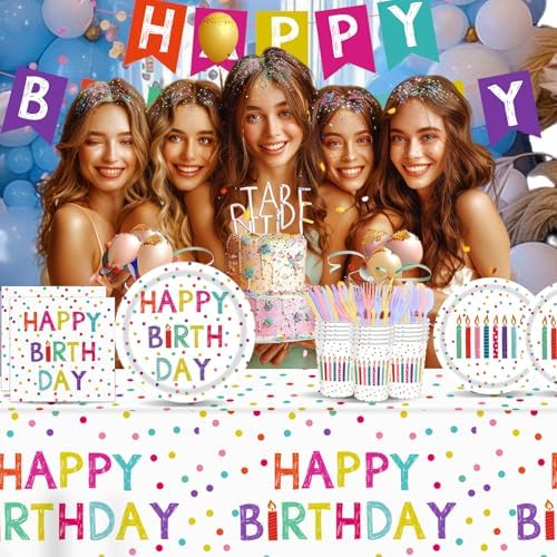 142pcs Happy Birthday Party Supplies Set with Colorful Polka Dots Design- Includes Disposable Paper Birthday Plates and Napkins, Cups, Tablecloth, and Banner，Dots Party Supplies Serves 20 Guests - Image 6