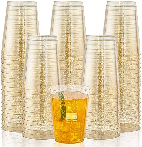 I00000 200 Pcs Gold Plastic Cups, 10 oz Hard Gold Glitter Disposable Cups by I00000