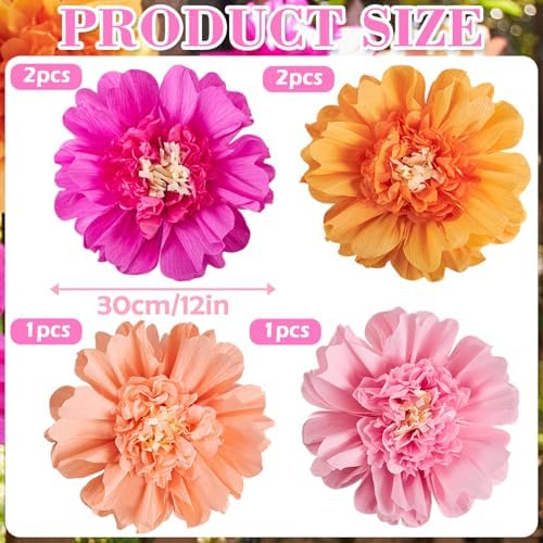 SUNBEAUTY 6PCS Hot Pink and Orange Paper Flowers 12 Inch Large Tissue Paper Flowers Decorations for Wall Giant Crepe Paper Flowers for Girl Women Birthday Office Classroom Bridal Wedding Backdrop - Image 3