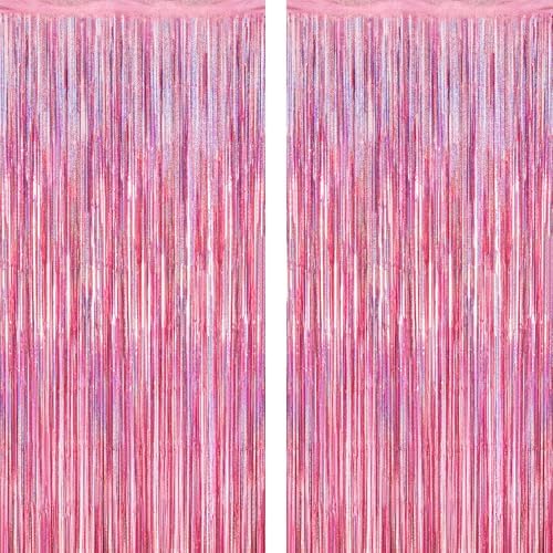 2 Pack Glitter Pink Backdrop, 3.28 FT x 7.05 FT Birthday Party Decorations, Laser Pink Fringe Curtains Foil Streamer Tinsel, Pink Curtains Photo Backdrop Happy Birthday Valentines Day Backdrop by ZATAYE