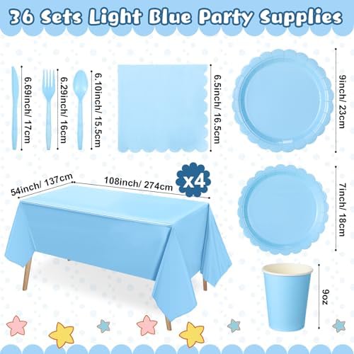 Tegeme 256 Pcs Light Blue Party Supplies Paper Plates Napkins Tablecloths Baby Blue Disposable Plastic Cups Forks Knives Spoons Serve 36 Guests for Birthday Baby Shower Wedding Dinnerware Decoration - Image 3