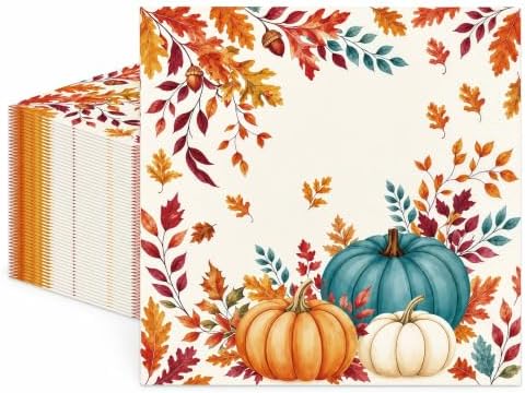 50PCS Fall Napkins 13 x 13 Inches, Maple Leaf Pumpkin Themed Paper Napkins Luncheon Dessert Cocktail Napkins Disposable for Autumn Harvest Thanksgiving Party Decorations (Fall) by Unknown