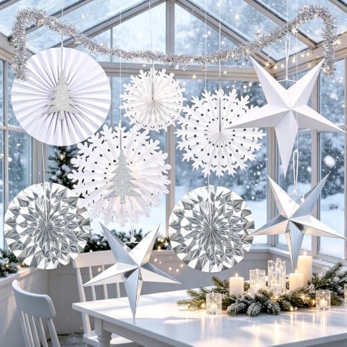 Christmas Snowflake Decorations, White Paper Snowflakes Hanging Decor, Winter Wonderland Snowflake Paper Fans, Silver Paper Stars, Tinsel Garland for Xmas Wall Backdrop Frozen Birthday Party Supplies by SUNBEAUTY