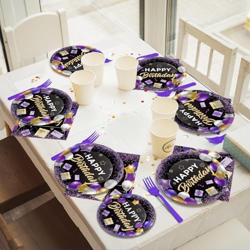 gisgfim 50 Guests Purple Birthday Party Supplies Purple and Black Plates and Napkins Forks Happy Birthday Tableware Paper Plates for Women Girl Party 200PCS - Image 6
