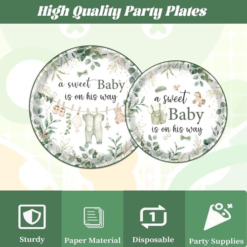 Baby Shower Tableware Set - 96 Pcs A Sweet Baby is on His Way Sage Green Baby Shower Plates Napkins Forks Decorations, Greency Party Dinnerware Supplies for Boys Serves 24 - Image 4