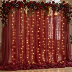 10x10ft Burgundy Tulle Backdrop Curtain with Lights String for Parites, Sheer Backdrop Curtains for Wedding Baby Shower Birthday Party Photo Shoot Decorations by Partisky