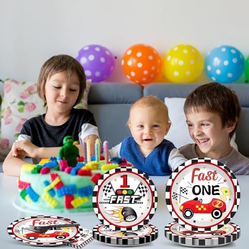 Fast One Birthday Decorations for Boys Racing Car 1st Birthday Party Supplies Fast One Plates Napkins Forks Checked Race Car Disposable Paper Plates Tableware Set for Kids Favors Serve 25 - Image 6