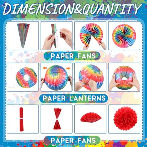 Hortsun 16 Pcs Tie Dyed Party Decorations Include 6 Pcs 12 "and 6" Groovy Hippie Hanging Paper Lanterns,6 Paper Fans -3 Size and 4 Flowers,60s Party Ceiling Wall Decor Chinese/Japanese Groovy Decor - Image 4