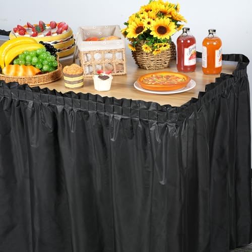 1 Pack Black Table Skirt Party Decorations, Black Plastic Table Skirts, Disposable Table Decorations for Banquet Birthday Wedding Gender Reveal Graduation Party Supplies Decorations, 2.4 x 14 Ft - Image 4