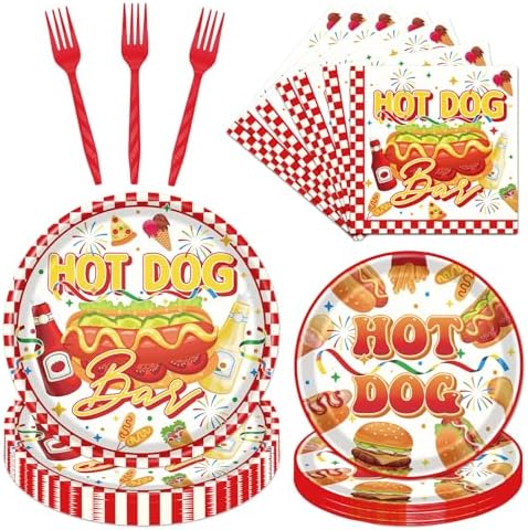 Hot Dog Party Decorations - 96 Pcs Hot Dog Birthday Plates Napkins Forks Tableware Set, Fast Food Hotdog Dinnerware Set for Adults Kids Picnic Sausage BBQ Serves 24 by Pinglooko
