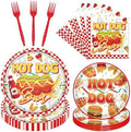 Hot Dog Party Decorations - 96 Pcs Hot Dog Birthday Plates Napkins Forks Tableware Set, Fast Food Hotdog Dinnerware Set for Adults Kids Picnic Sausage BBQ Serves 24 by Pinglooko