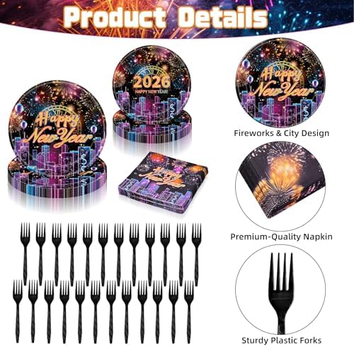 96 Pieces Happy New Year 2026 Tableware Set – Fireworks and City Night Skyline Disposable Plates, Napkins, and Forks for New Year’s Eve Parties, Countdown Celebrations – Serves 24 Guests - Image 3