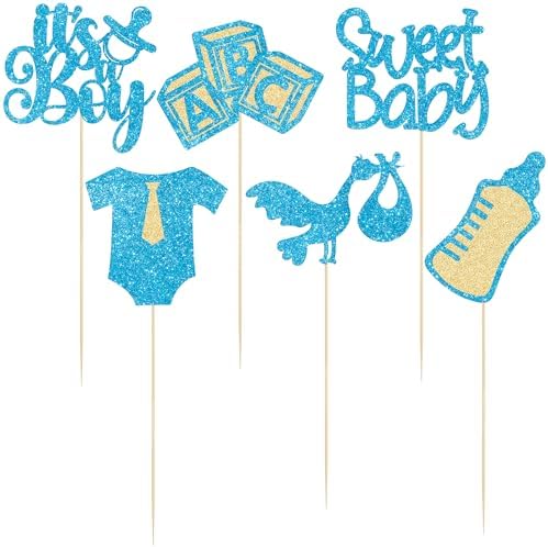 Gyufise 12Pcs Baby Shower Centerpiece Sticks Glitter Tie Onesie Love Heart Oh Baby Gender Reveal It's a Boy Table Centerpiece Sticks for Baby Shower Gender Reveal Kids Birthday Party Supplies Blue - Image 3