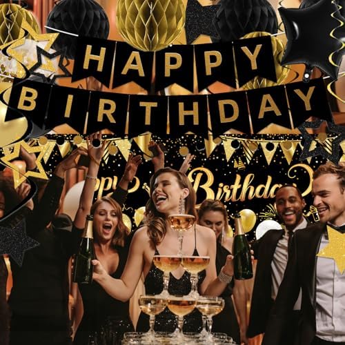 Gold Black Birthday Decorations, Happy Birthday Banner, Backdrop, Balloons, Honeycomb Balls, Star Foil Balloons, Stars Hanging Swirls & Cake Topper for Baby Boys Girl Men Women Birthday Decoration - Image 6