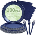 100 Navy Blue Paper Plates and Napkins Disposable for Party, 25-9"&25-7" by Mulbozy