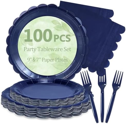 100 Navy Blue Paper Plates and Napkins Disposable for Party, 25-9"&25-7" by Mulbozy