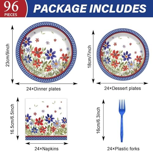 96Pcs American 4th of July Independence Party Plates and Napkins Patriotic Party Decorations Memorial Days Dessert Plates Poppy Flower Tableware for 24 Guests Labor Veterans Days Party Supplies - Image 2