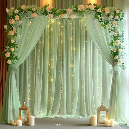 20ft x 10ft Green Backdrop Curtain with Lights String for Parties, Sheer Tulle Wedding Photo Backdrops Drapes for Baby Shower Birthday Party Decorations Background for Photography by Shillance