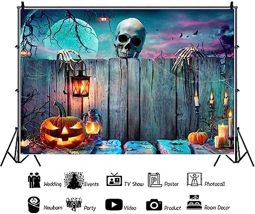 Renaiss 10x7ft Halloween Backdrop - Skeleton Pumpkin Lantern Wooden Spooky Night Party Photography Background - Ghost Wood Wall Decor Banner - Horror Skull Photo Booth Props - Image 3