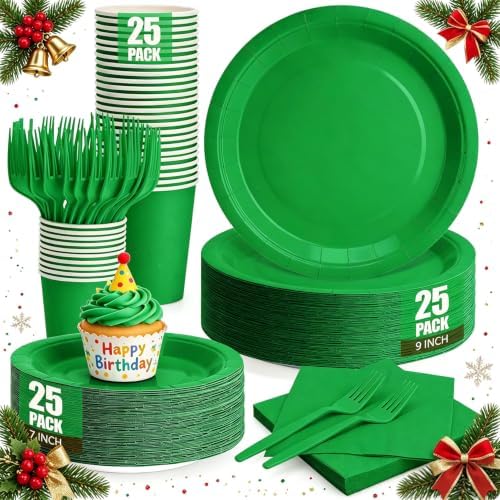 Green Plates and Napkins Party Supplies, Disposable 9’’ Dark Green Paper Plates, 7’’ Dessert Plates Cups Napkins Party Decorations for Christmas, Birthday, Baby Shower, St Patricks, Serves 25 by CENLBJ