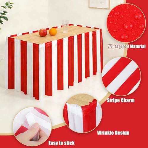 Fovths 2 Packs Red and White Striped Table Skirt Circus Table Skirt Carnival Theme Party Decorations Circus Tables Decorations for Concession Stand Holiday Party Supplies, 14 ft x 30 inch - Image 3