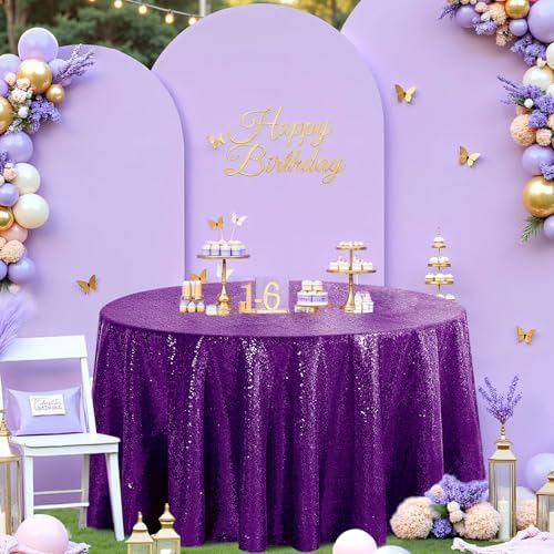 Pufogu 120" Round Purple Sequin Tablecloth Glitter White Table Cloths for Birthday Wedding Bridal Baby Shower Party Decorations - Image 7