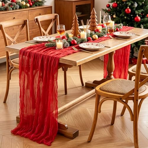 Red Cheesecloth Table Runner, 10FT Rustic Christmas Red Boho Gauze Table Runner for Christmas Wedding Bridal Shower Baby Shower Birthday Tea Party Decorations - Image 6
