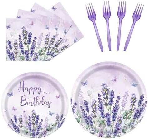 96Pcs Lavender Party Supplies Lavender Paper Plates Napkins Watercolor Blooming Floral Cake Dessert Butterfly Birthday Floral Tableware for Birthday Wedding Picnic Baby Shower Decorations | 24 Guests by BOKFJBP