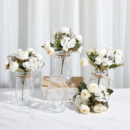 4 Sets Faux Peony Mason Jar Centerpiece with LED Lights for Wedding - Image 3