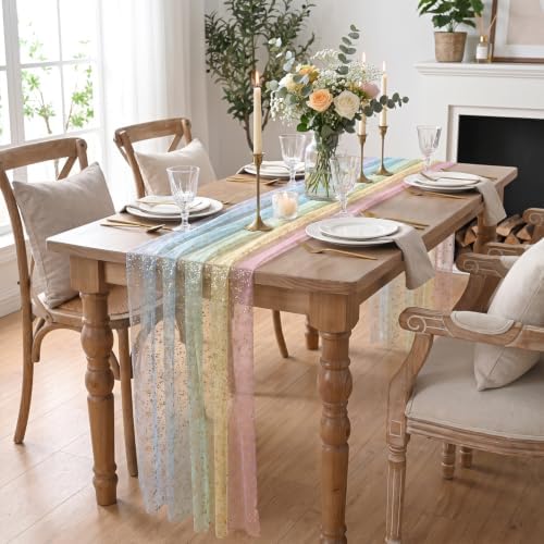 Artoid Mode 6-Pack Gold Gauze Table Runner 120 Inch 10FT, Rainbow Glitter Metallic Foil Sheer Dining Wedding Anniversary Holiday Birthday Table Decor for Home Party - Image 7