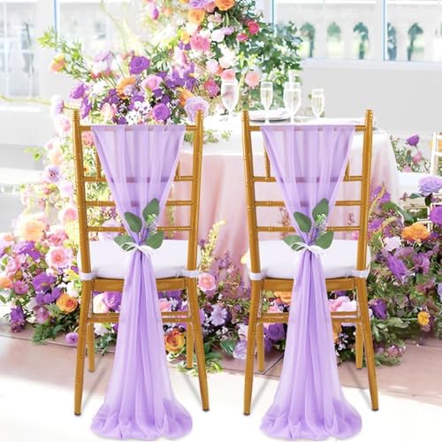 QueenDream Light Purple Chair Sashes 24 Pieces Sheer Chairs with Artificial Eucalyptus Designed Decorative Soft Chair Covers for Wedding Aisle Chairs Decoration - Image 3