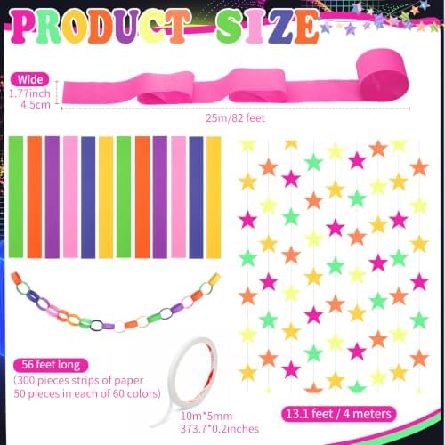 Frienda 300 Sheets Colorful Paper Chains Strips and 492 ft Crepe Paper Streamers, 52.8ft Gold Star Garlands Backdrop for Wedding Birthday Party Decorations DIY Crafts (Neon,Colorful) - Image 2