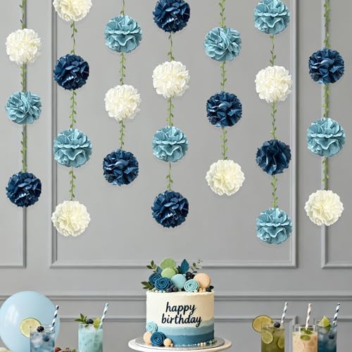 Dusty Blue Party Decorations Dusty Navy Blue Beige Tissue Paper Flowers Pom Pom with Leaf Ribbon Hanging Garland Streamer for Birthday Wedding Graduation Retirement Nautical Party Supplies - Image 6
