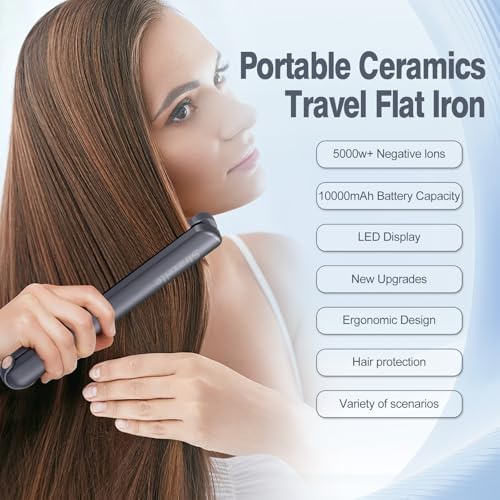 Cordless Hair Straightener, 10000mAh Rechargeable Flat Iron Portable Travel Straightener with Negative Ion, LED Screen & 3D Floating Plates, 2 in 1 Straightener and Curler (Dark Blue + Gold) - Image 3