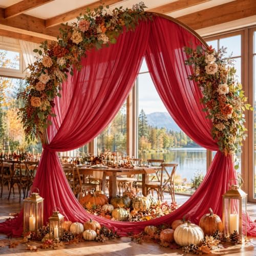 Red Wedding Arch Draping Fabric Sheer Curtain Drapes | 31" x 20 ft Extra Long Shimmery Backdrop Curtains for Wedding Anniversary Party Fall Thanksgiving Outdoor Events Drapery Backgrounds - Image 2