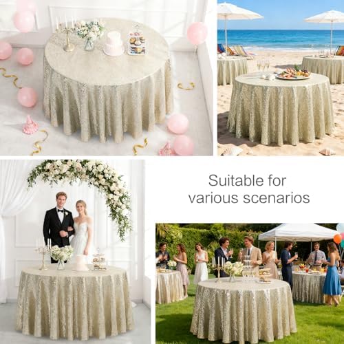 Pufogu 50" Round Champagne Gold Sequin Tablecloth Glitter Champagne Table Cloths for Birthday Wedding Bridal Baby Shower Party Decorations - Image 4