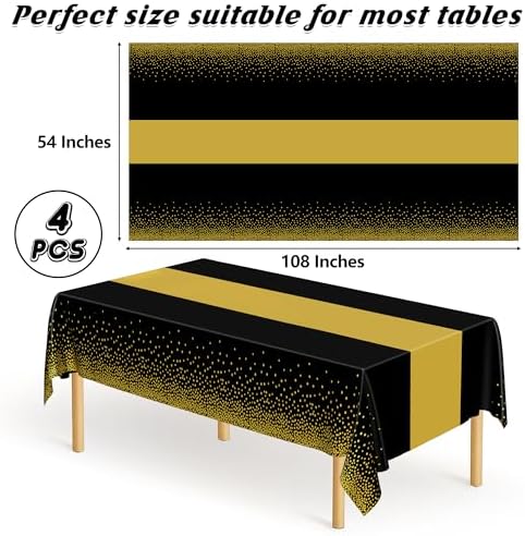 4Pack Black and Gold Tablecloths for Events, 54" x 108" Plastic Table Cloth Disposable for Rectangle Tables, Waterproof Table Cloth Cover for New Years Eve Decorations Holiday Birthday Wedding Dining - Image 2