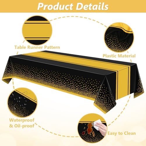 LANLISA Black and Gold Tablecloth Party Decorations 12 Pack, Disposable Table Cloths for Graduation Birthday Retirement Anniversary Party Decor - Image 5