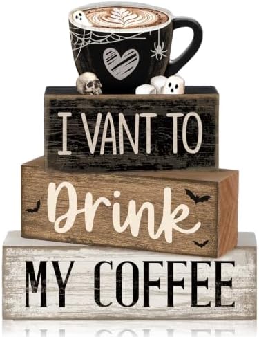 Moucuny 4 Pcs Halloween Coffee Wood Blocks Tiered Tray Decor Farmhouse by Moucuny