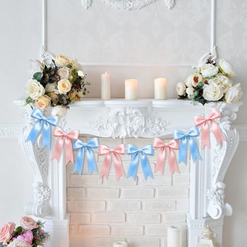 2 Strings of 16PCS Baby Pink&Baby Blue Bow Garlands Banner Decoration,Pre-Strung Satin Ribbon Ornaments for Gender Reveal Party,Baby Shower,Birthday,Bridal Shower,Graduation Decor,Anniversary,Wedding - Image 7