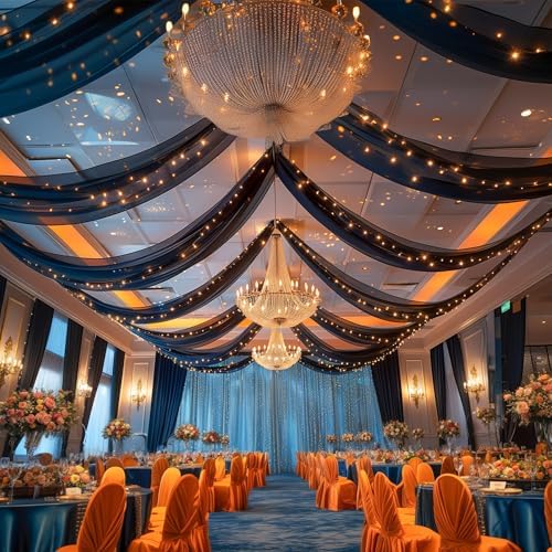 Black Ceiling Drapes with Lights String for Weddings, 6 Panels 5ftx30ft Sheer Tulle Backdrop Photo Background Drapes for Wedding Ceremony Birthday Party Arch Decoration - Image 6