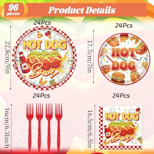 Hot Dog Party Decorations - 96 Pcs Hot Dog Birthday Plates Napkins Forks Tableware Set, Fast Food Hotdog Dinnerware Set for Adults Kids Picnic Sausage BBQ Serves 24 - Image 2