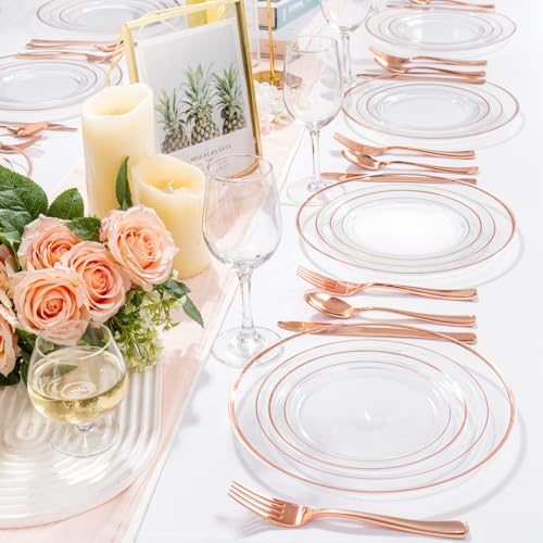 bUCLA 150PCS Clear Rose Gold Disposable Dinnerware set - Rose Gold Plastic Plates Include 25 Dinner / 25 Dessert Plates, 25 Knives, 25 Forks, 25 Spoons, 25 Cups for Party & Wedding - Image 5