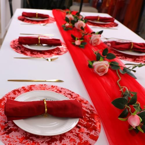 Snowkingdom 24 Pcs Red Placemats, 13 Inch Round Disposable Table Mats with Metallic Foil Mesh Glitter Design, Elegant Party Supplies for Valentine’s Day, Christmas, Wedding, Birthday Dinner Decor - Image 4