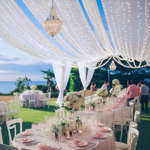White Ceiling Drapes with Lights String for Weddings, 6 Panels 5ftx30ft Sheer Tulle Backdrop Photo Background Drapes for Wedding Ceremony Birthday Party Arch Decoration - Image 6