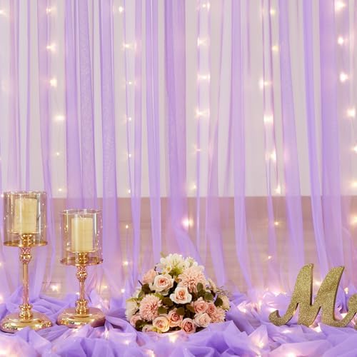 Lavender Tulle Backdrop Curtain with Led Lights for Wedding Baby Shower Girls 10ft X 8ft Lilac Lavender Sheer Backdrop Curtain for Birthday Party Bridal Shower Photoshoot Background Decorations - Image 4